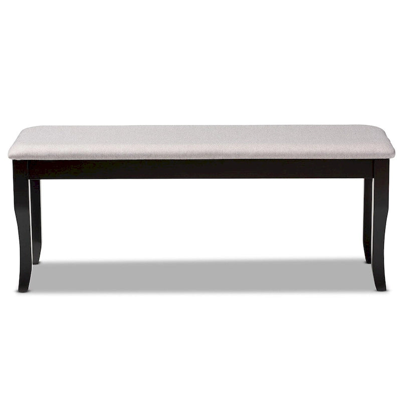 Banc de salle à manger en tissu d'ameublement de transition, moderne et contemporain, avec finition en bois brun foncé