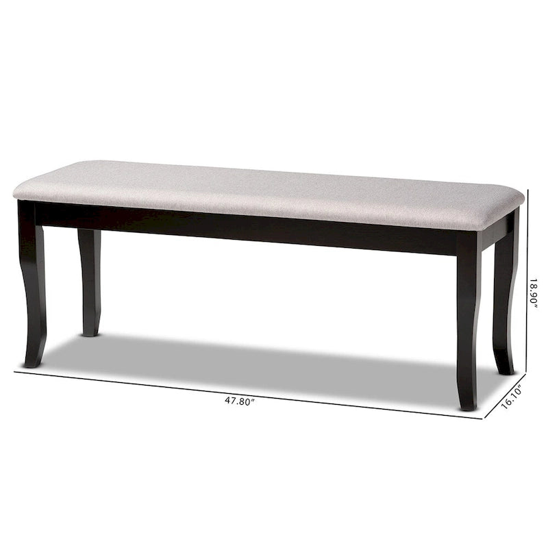 Banc de salle à manger en tissu d'ameublement de transition, moderne et contemporain, avec finition en bois brun foncé