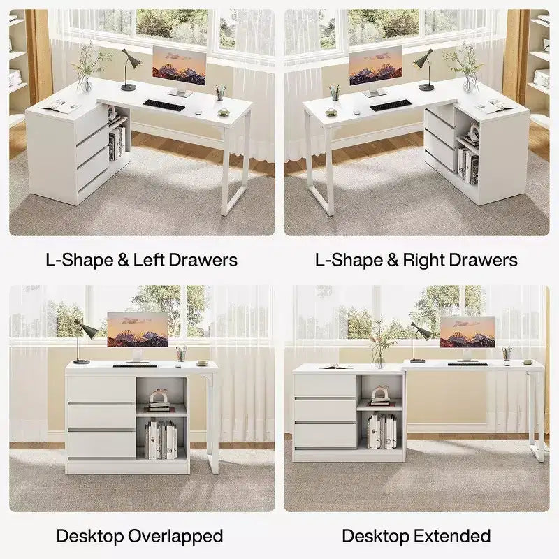 Bureau d'ordinateur d'angle Lantine avec tiroirs et étagères