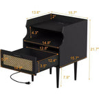 Tables de chevet en rotin (lot de 2), tables d'appoint avec station de recharge, tiroir et 2 étagères de rangement ouvertes pour chambre à coucher, dortoir et petits espaces