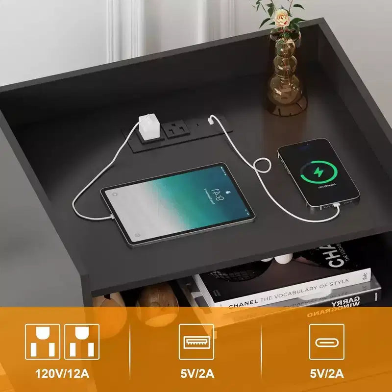 Tables de chevet en rotin (lot de 2), tables d'appoint avec station de recharge, tiroir et 2 étagères de rangement ouvertes pour chambre à coucher, dortoir et petits espaces