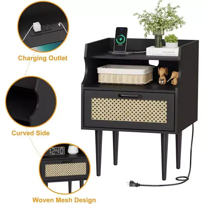 Tables de chevet en rotin (lot de 2), tables d'appoint avec station de recharge, tiroir et 2 étagères de rangement ouvertes pour chambre à coucher, dortoir et petits espaces