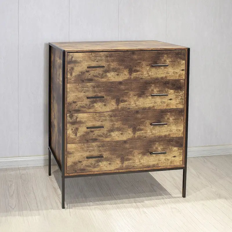 Commode 4 tiroirs, meuble de rangement en bois marron, organisateur de vêtements