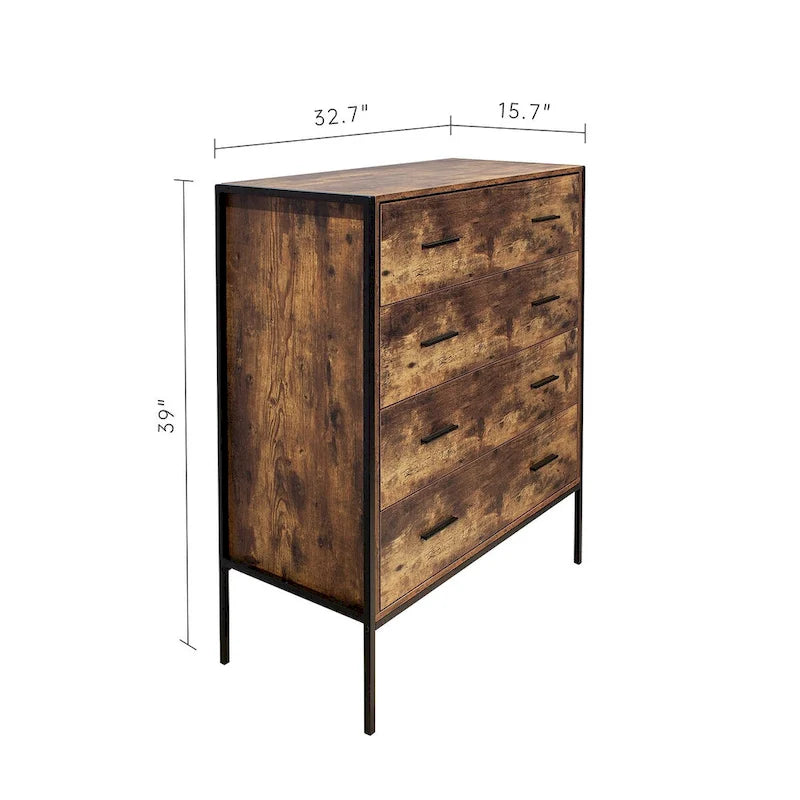 Commode 4 tiroirs, meuble de rangement en bois marron, organisateur de vêtements