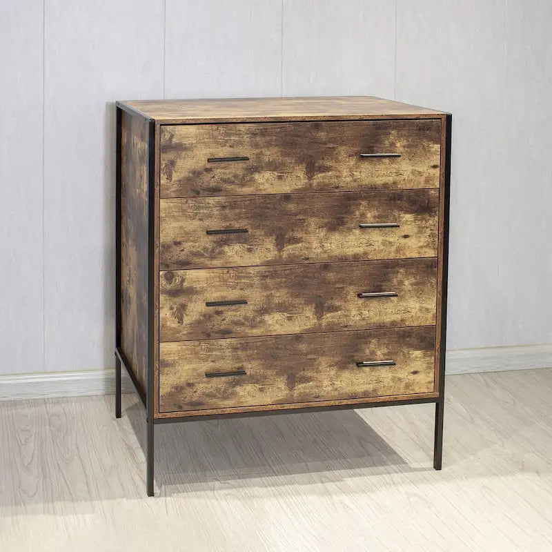Commode 4 tiroirs, meuble de rangement en bois marron, organisateur de vêtements