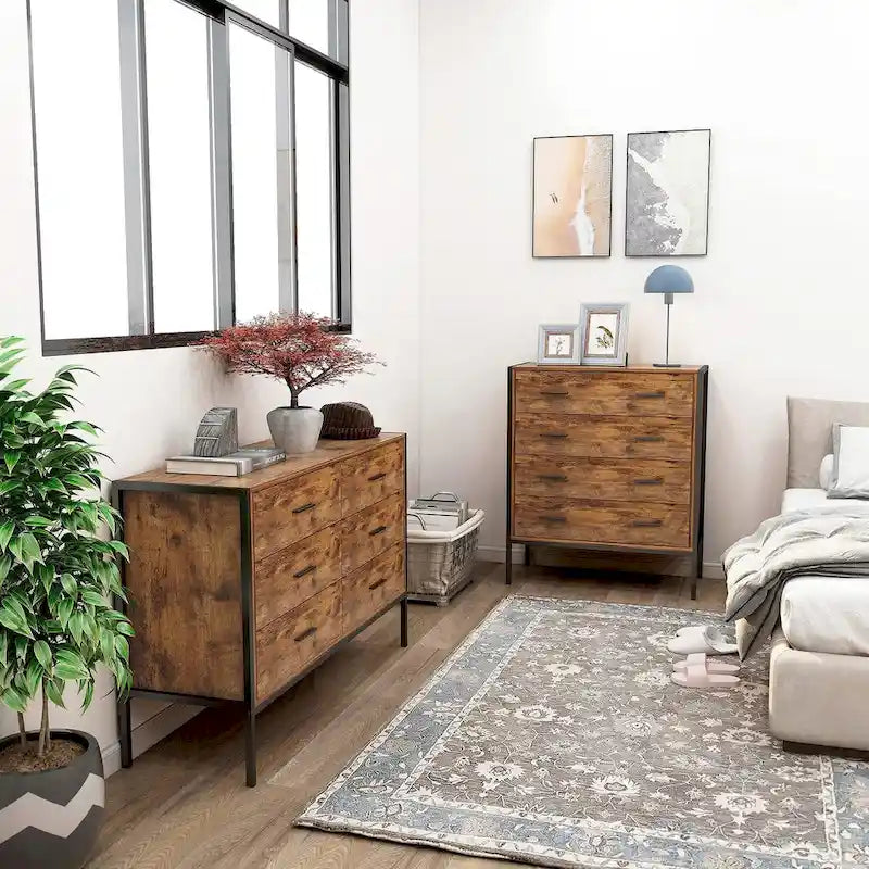 Commode 4 tiroirs, meuble de rangement en bois marron, organisateur de vêtements