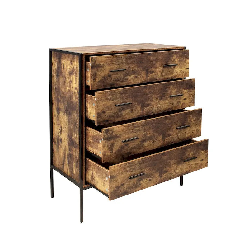 Commode 4 tiroirs, meuble de rangement en bois marron, organisateur de vêtements