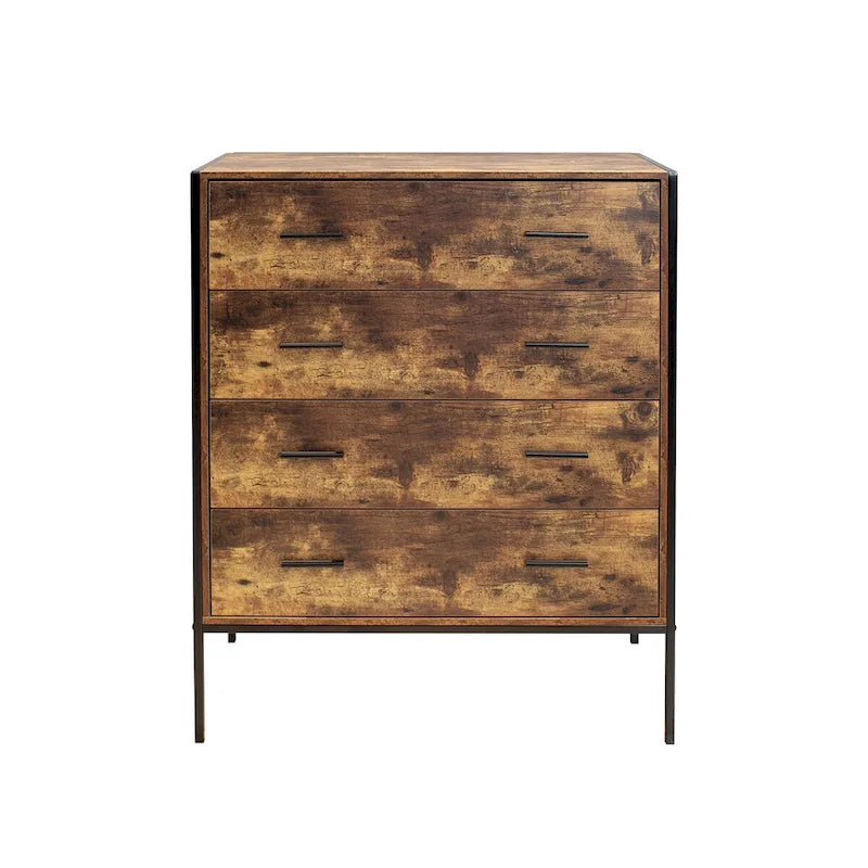 Commode 4 tiroirs, meuble de rangement en bois marron, organisateur de vêtements