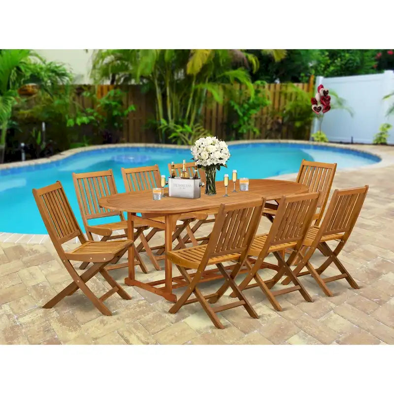 Ensemble d'extérieur - Chaises d'extérieur à dossier à lattes et une table à plateau ovale avec pieds en bois - Fini à l'huile naturelle (Option de pièces)