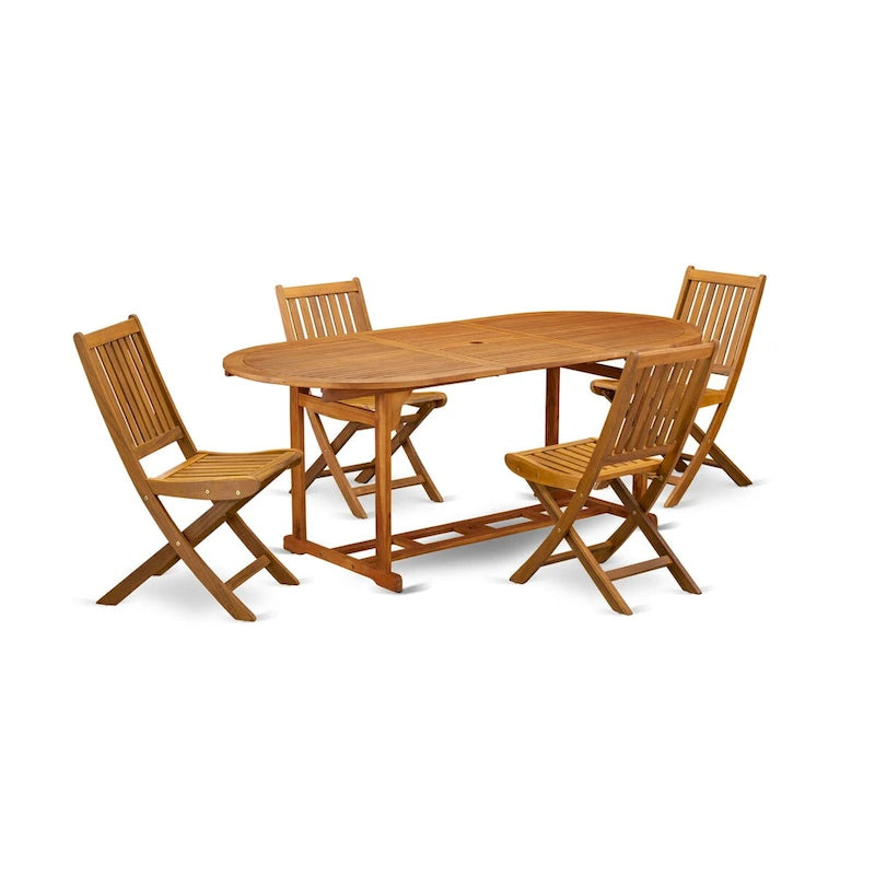 Ensemble d'extérieur - Chaises d'extérieur à dossier à lattes et une table à plateau ovale avec pieds en bois - Fini à l'huile naturelle (Option de pièces)