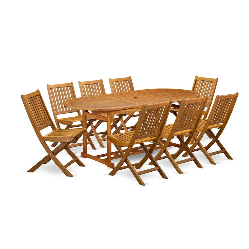 Ensemble d'extérieur - Chaises d'extérieur à dossier à lattes et une table à plateau ovale avec pieds en bois - Fini à l'huile naturelle (Option de pièces)