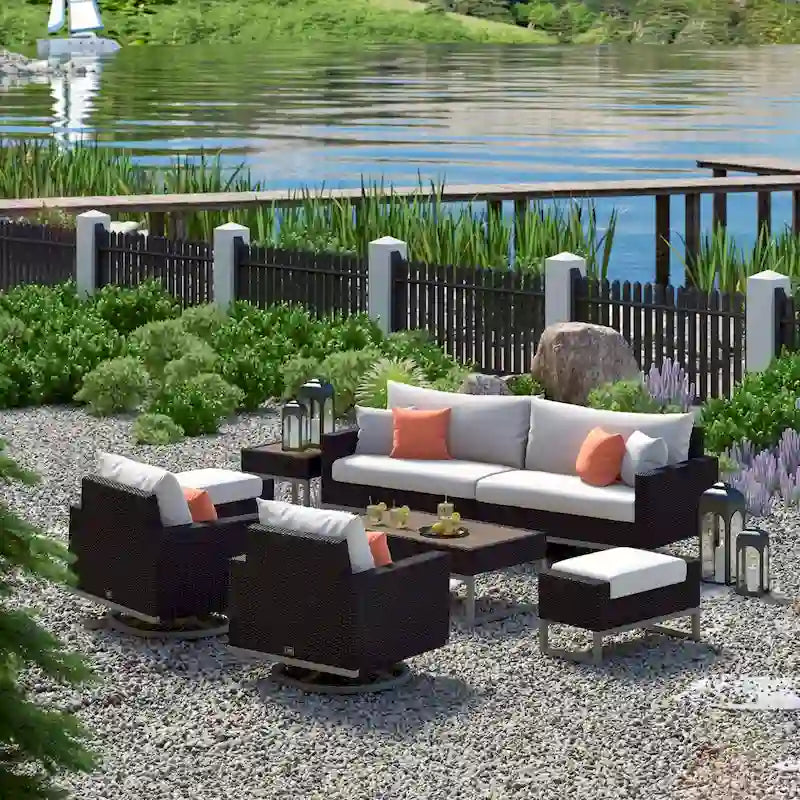 Ensemble de salon de jardin Milo Espresso 8 pièces Sunbrella avec fauteuils pivotants
