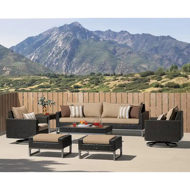 Ensemble de salon de jardin Milo Espresso 8 pièces Sunbrella avec fauteuils pivotants