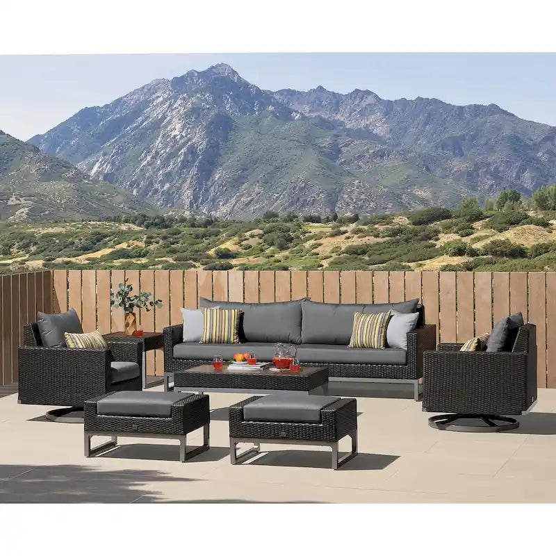 Ensemble de salon de jardin Milo Espresso 8 pièces Sunbrella avec fauteuils pivotants