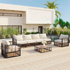 Ensemble de canapé d'angle de patio en métal 7 pièces, mobilier de conversation de jardin toutes saisons avec coussins épais et table basse