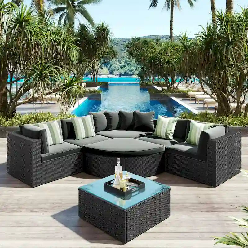 Ensemble de canapés de jardin en osier 7 pièces, canapé-lit en rotin, avec coussins colorés, canapé de conversation, pour patio, jardin, terrasse