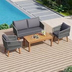 Ensemble de patio 4 pièces moderne milieu de siècle : causeuse, chaises et table en bois d'acacia