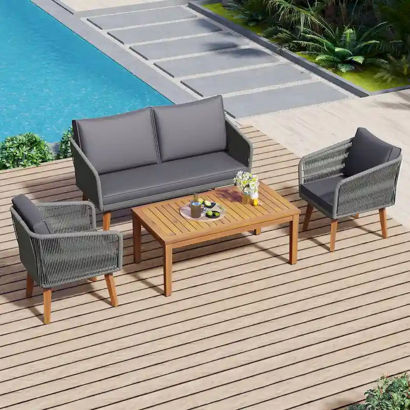 Ensemble de patio 4 pièces moderne milieu de siècle : causeuse, chaises et table en bois d'acacia