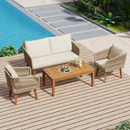 Mid-Century Modern 4-Piece Patio Set: Acacia Wood Loveseat, Chairs & Table