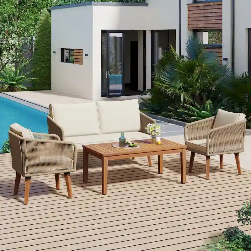 Ensemble de patio 4 pièces moderne milieu de siècle : causeuse, chaises et table en bois d'acacia
