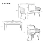 Ensemble de patio 4 pièces moderne milieu de siècle : causeuse, chaises et table en bois d'acacia