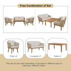 Ensemble de patio 4 pièces moderne milieu de siècle : causeuse, chaises et table en bois d'acacia