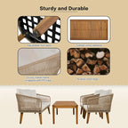 Ensemble de patio 4 pièces moderne milieu de siècle : causeuse, chaises et table en bois d'acacia