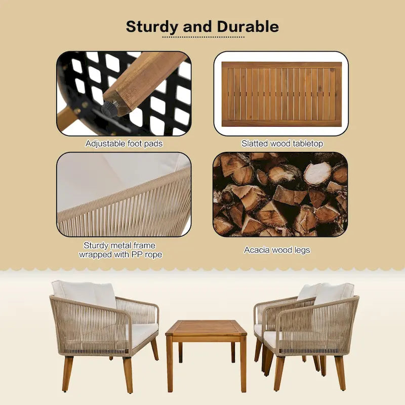 Ensemble de patio 4 pièces moderne milieu de siècle : causeuse, chaises et table en bois d'acacia