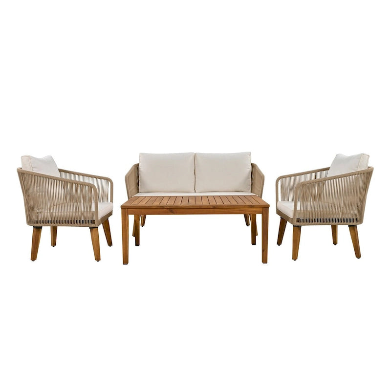 Ensemble de patio 4 pièces moderne milieu de siècle : causeuse, chaises et table en bois d'acacia