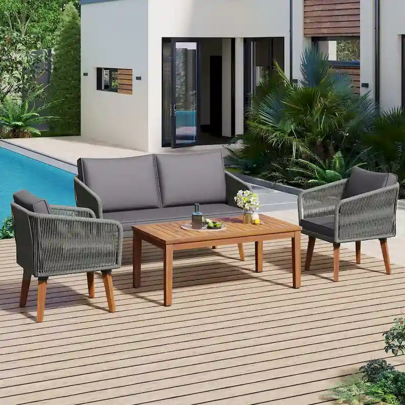Ensemble de patio 4 pièces moderne milieu de siècle : causeuse, chaises et table en bois d'acacia