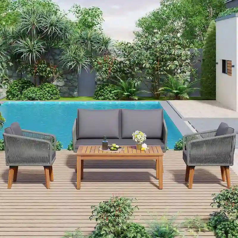 Ensemble de patio 4 pièces moderne milieu de siècle : causeuse, chaises et table en bois d'acacia