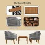 Ensemble de patio 4 pièces moderne milieu de siècle : causeuse, chaises et table en bois d'acacia
