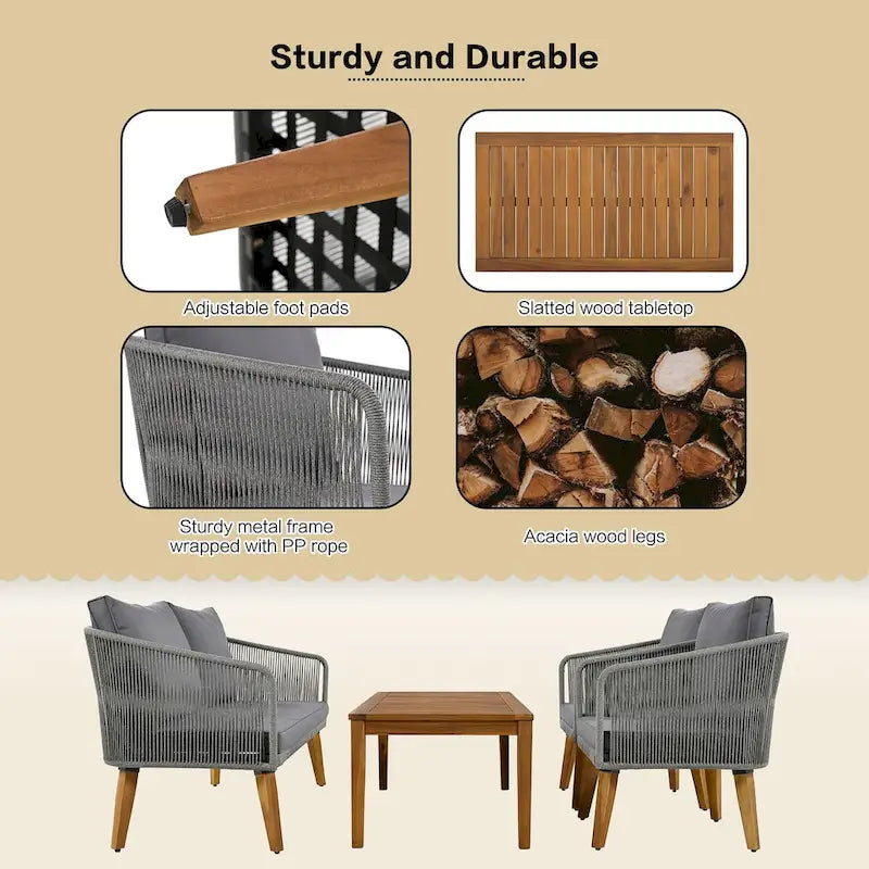 Ensemble de patio 4 pièces moderne milieu de siècle : causeuse, chaises et table en bois d'acacia