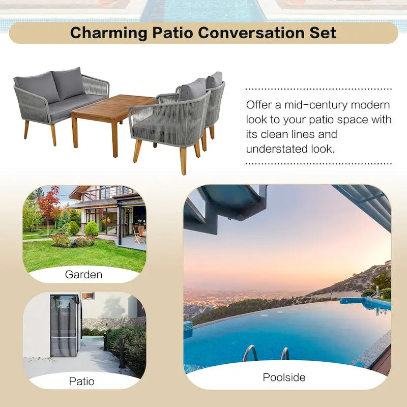 Ensemble de patio 4 pièces moderne milieu de siècle : causeuse, chaises et table en bois d'acacia