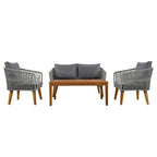 Ensemble de patio 4 pièces moderne milieu de siècle : causeuse, chaises et table en bois d'acacia