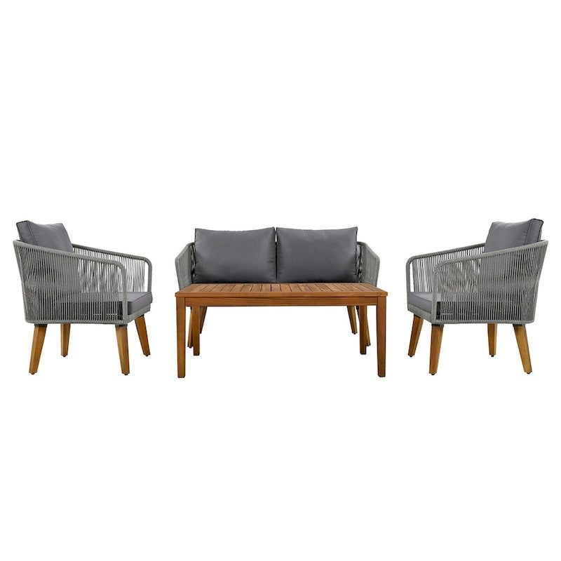 Ensemble de patio 4 pièces moderne milieu de siècle : causeuse, chaises et table en bois d'acacia