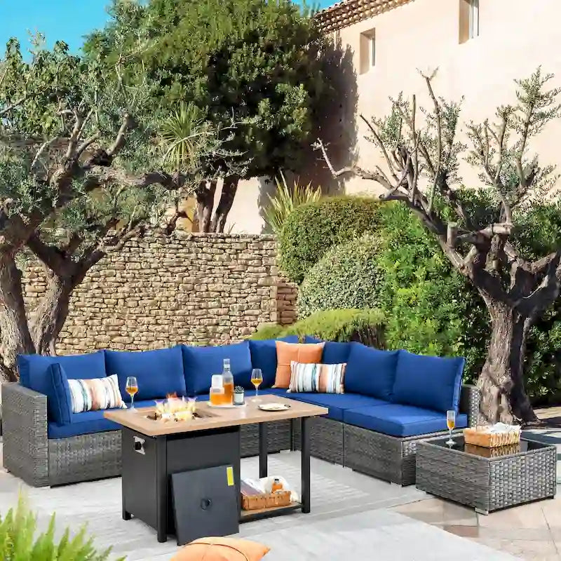 HOOOWOOO Ensemble de canapés de jardin en osier 8 pièces avec brasero
