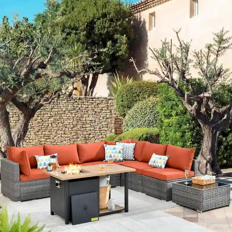 HOOOWOOO Ensemble de canapés de jardin en osier 8 pièces avec brasero