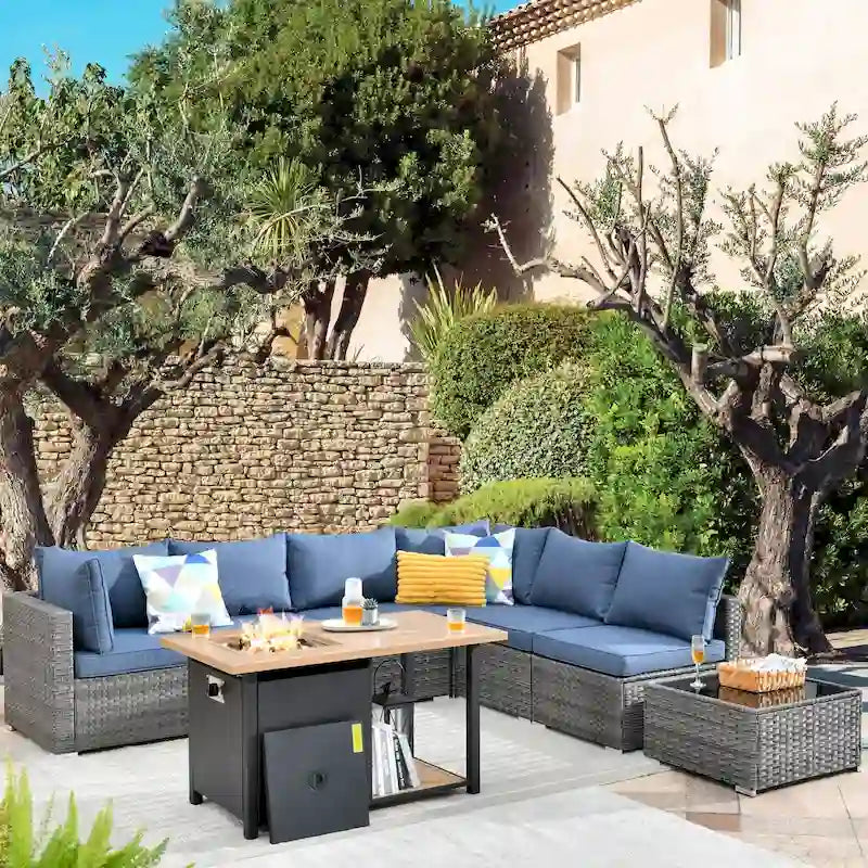 HOOOWOOO Ensemble de canapés de jardin en osier 8 pièces avec brasero