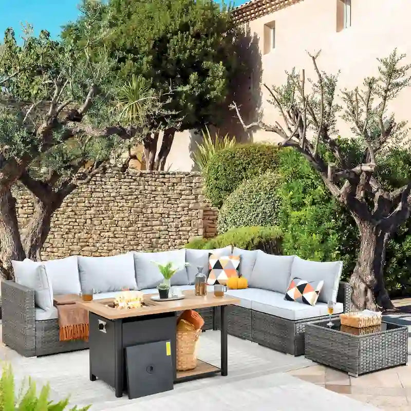 HOOOWOOO Ensemble de canapés de jardin en osier 8 pièces avec brasero