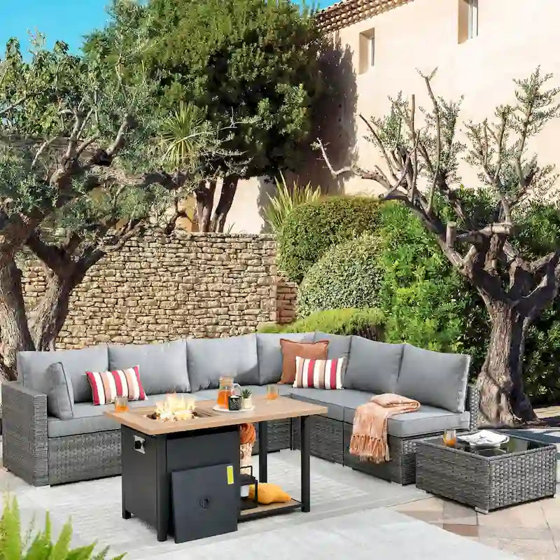 HOOOWOOO Ensemble de canapés de jardin en osier 8 pièces avec brasero