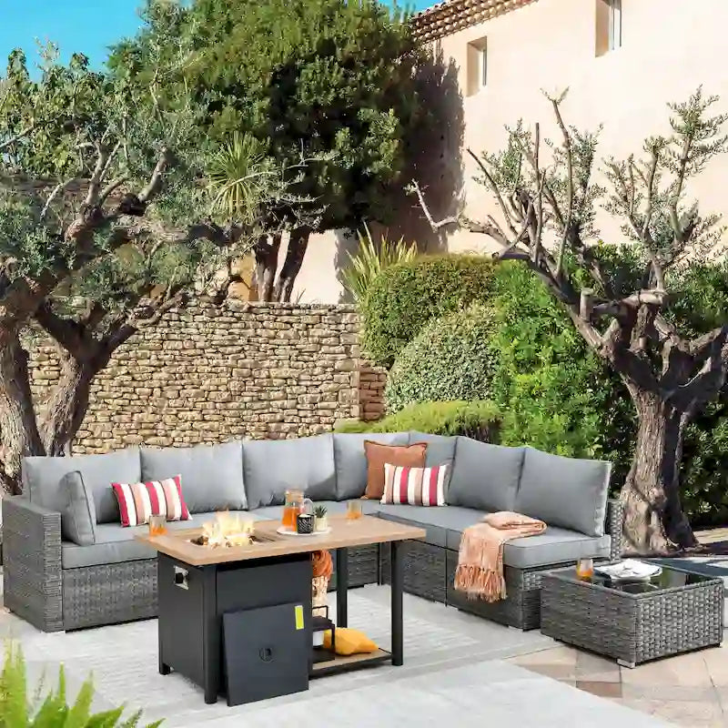 HOOOWOOO Ensemble de canapés de jardin en osier 8 pièces avec brasero