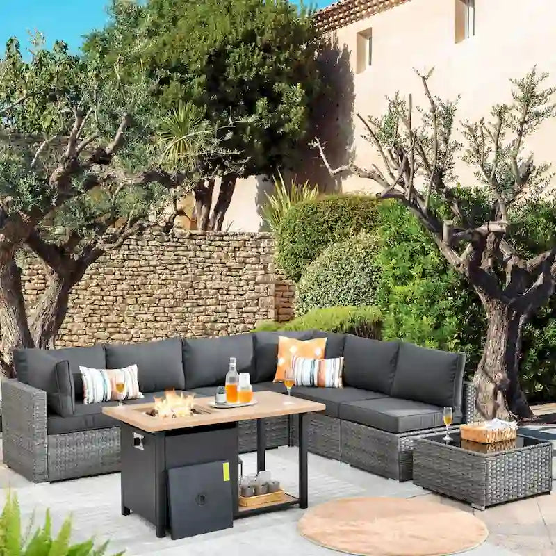 HOOOWOOO Ensemble de canapés de jardin en osier 8 pièces avec brasero