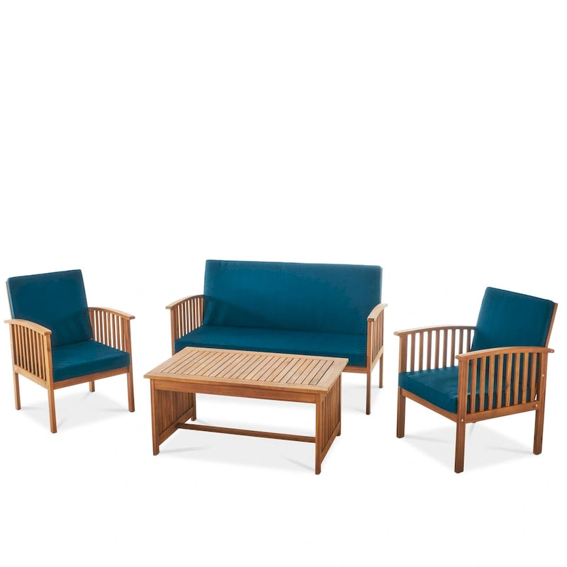 Ensemble de canapés d'extérieur en bois d'acacia avec coussins résistants à l'eau, 4 pièces, Patine marron / Bleu sarcelle
