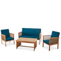 Ensemble de canapés d'extérieur en bois d'acacia avec coussins résistants à l'eau, 4 pièces, Patine marron / Bleu sarcelle