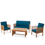 Ensemble de canapés d'extérieur en bois d'acacia avec coussins résistants à l'eau, 4 pièces, Patine marron / Bleu sarcelle