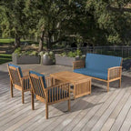 Ensemble de canapés d'extérieur en bois d'acacia avec coussins résistants à l'eau, 4 pièces, Patine marron / Bleu sarcelle