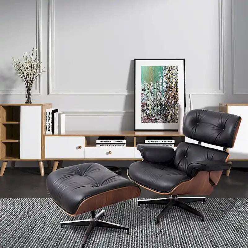 Fauteuil de salon pivotant HomeRoots 35 en cuir tufté noir et marron avec ottoman - 34.6