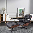 Fauteuil de salon pivotant HomeRoots 35 en cuir tufté noir et marron avec ottoman - 34.6