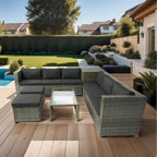 Ensemble de mobilier d'extérieur de qualité supérieure en rotin tressé 8 pièces pour patio : rotin gris, coussins noirs, plateau en verre